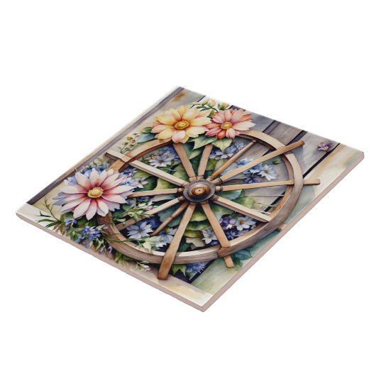 Rustikales Holzrad mit Blume Fliese (Seite)