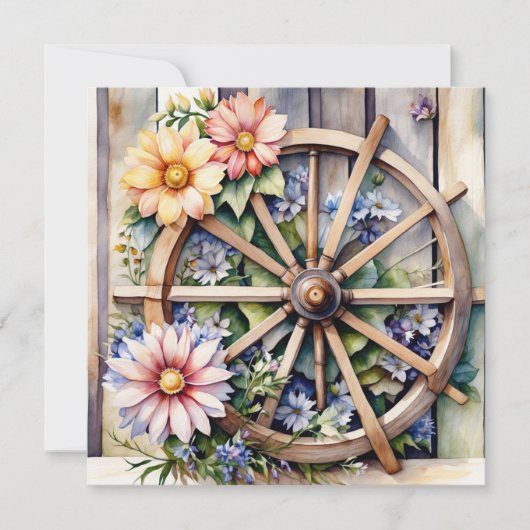 Rustikales Holzrad mit Blumen  Karte (Vorderseite)