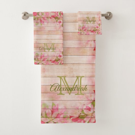 Rustikales Holzrosa Vintage Monogramm Badhandtuch Set (Insitu)