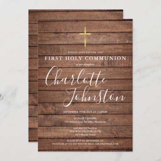 Rustikales Holzschild Erste Heilige Kommune Einladung (Vorne/Hinten)