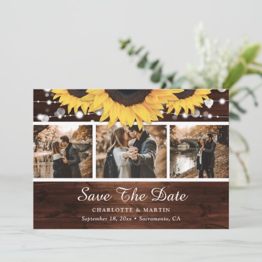 Rustikales Holzsonnengebläse Hochzeitsszenario Save The Date (Stehend Vorderseite)