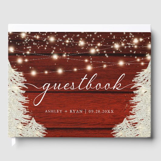 Rustikales Holzstring Lights Trees Wedding Guestbo Gästebuch (Vorderseite)