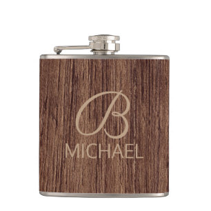 Rustikales Holzstruktur-Monogramm-Geschenk für ihn Flachmann
