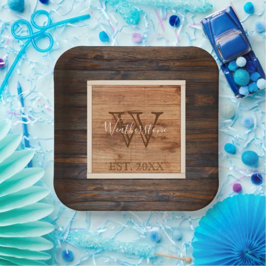 Rustikales Holztonmonogramm groß Pappteller (Party)