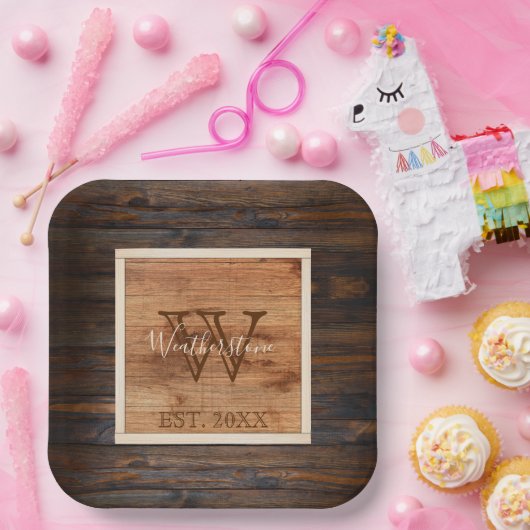 Rustikales Holztonmonogramm groß Pappteller (Party)