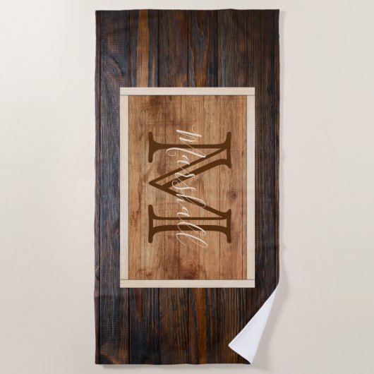 Rustikales Holztonmonogramm-Rechteck Strandtuch (Vorderseite)