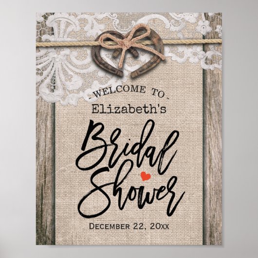 Rustikales Horseshoe Burlap Lace Brautparty Willko Poster (Vorne)