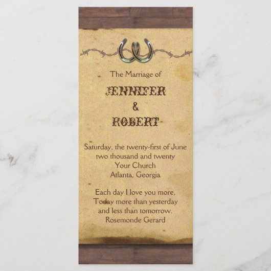 Rustikales Horseshoes Barbed Wire Wedding Program Programm (Vorderseite)