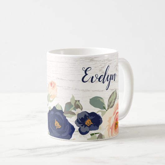 Rustikales Hübsches Marineblau, Peach floral Perso Kaffeetasse (VorderseiteRechts)