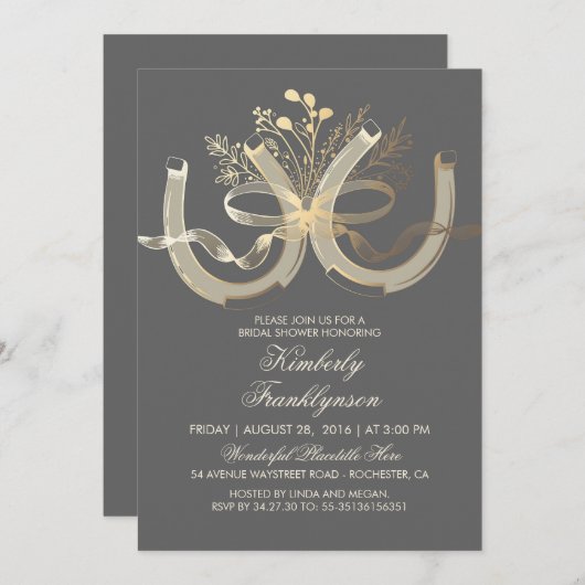 Rustikales Hufeisen Gold Grau Brautparty Einladung (Vorne/Hinten)
