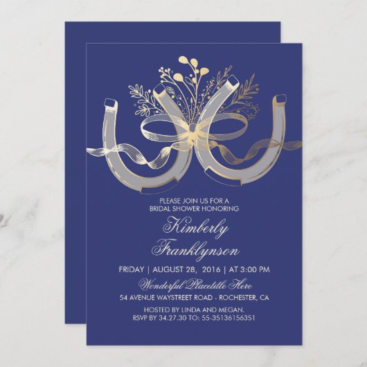 Rustikales Hufeisen Gold Navy Brautparty Einladung (Vorne/Hinten)