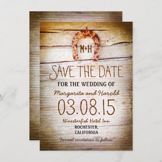 rustikales Hufeisen-Holz speichern Sie die Dattelk Save The Date (Vorne/Hinten)