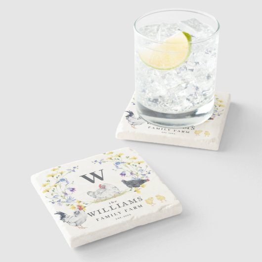 Rustikales Hühnchen | Familienname Monogram Steinuntersetzer (Seitenansicht)