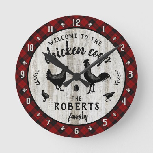 Rustikales Hühnerhähnchen-Coop Holz Karierte Custo Runde Wanduhr (Vorderseite)