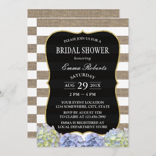 Rustikales Hydrangea Burlap Stripes Brautparty Einladung (Vorne/Hinten)