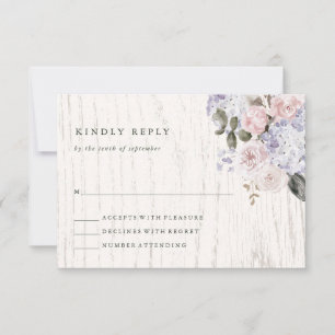 Rustikales Hydrangea Floral   White Wood Wedding RSVP Karte