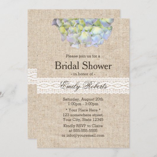 Rustikales Hydrangea Lace & Burlap-Brautparty Einladung (Vorne/Hinten)