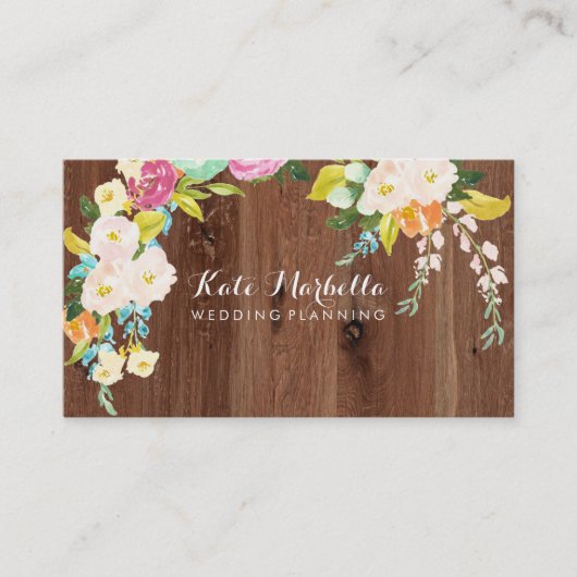 Rustikales Imitat hölzern mit bunten Blumen Visitenkarte (Vorderseite)