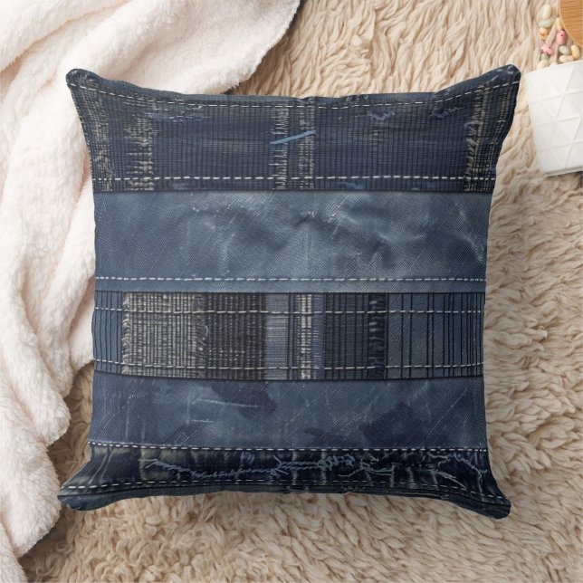 Rustikales Indigo-Denim-Patchworkmuster Kissen (Decke)