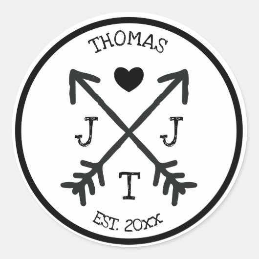 Rustikales Initial Heart Arrow Monogramm Runder Aufkleber (Vorderseite)