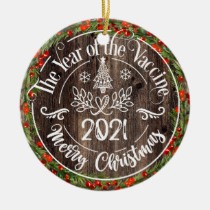 Rustikales Jahr des Impfstoffs 2021 Weihnachten Keramik Ornament