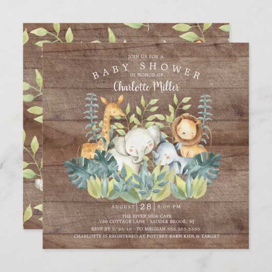 Rustikales Jungle Animals Baby Dusche Einladung (Vorne/Hinten)