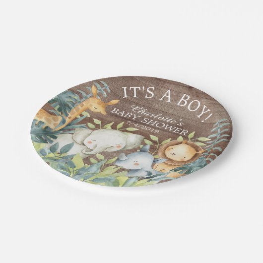 Rustikales Jungle Animals Baby Shower 7" Plättchen Pappteller (Schrägansicht)