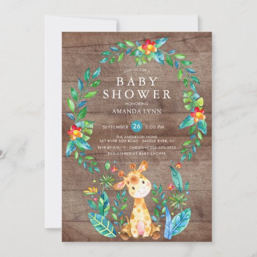 Rustikales Jungle Giraffe Boy Baby Dusche Einladung (Vorderseite)