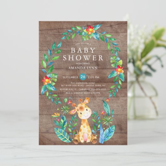 Rustikales Jungle Giraffe Boy Baby Dusche Einladung (Stehend Vorderseite)