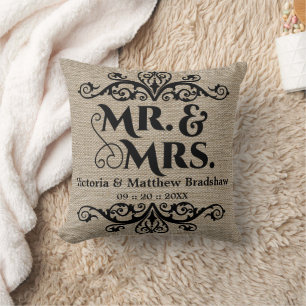 Rustikales Jute-Look Herr und Frau Hochzeit Kissen