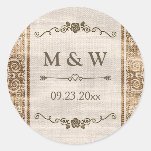 Rustikales Jute-Spitzen-Hochzeitsmonogramm Runder Aufkleber (Vorderseite)