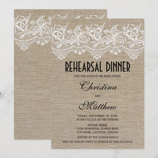 Rustikales Jute- und Lace-Probe-Dinner Einladung (Vorne/Hinten)