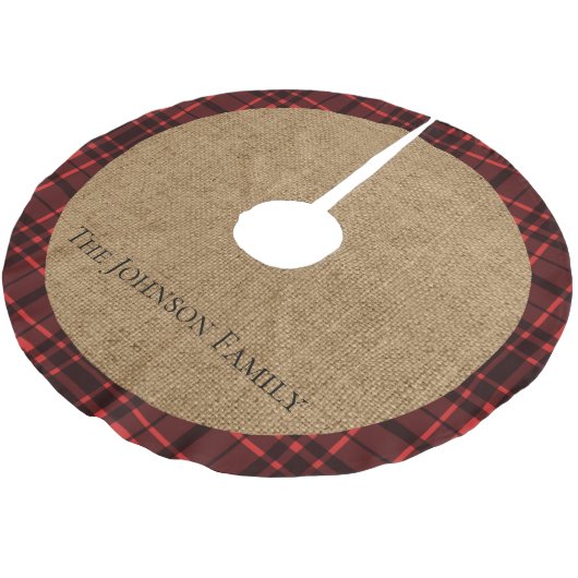 Rustikales Jute und rotes Karomuster Polyester Weihnachtsbaumdecke (Schrägansicht)