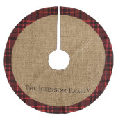 Rustikales Jute und rotes Karomuster Polyester Weihnachtsbaumdecke (Vorderseite)