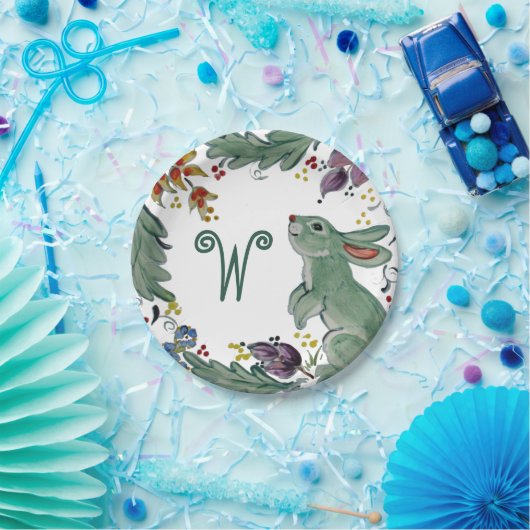 Rustikales Kaninchen Aquamarines Bauernhaus Monogr Pappteller (Party)