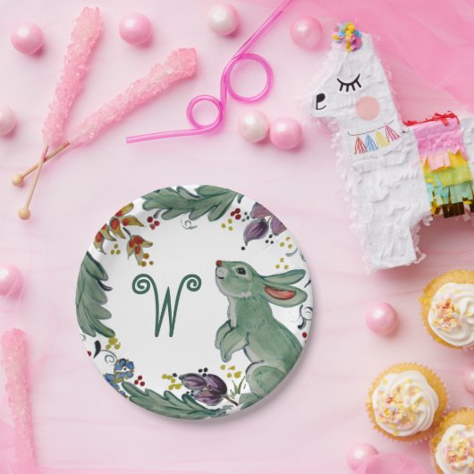 Rustikales Kaninchen Aquamarines Bauernhaus Monogr Pappteller (Party)