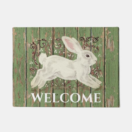 Rustikales Kaninchen Willkommen Grün Holz jeder Ja Fußmatte (Vorderseite)