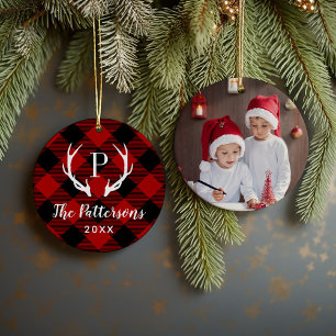 Rustikales Kariert Antler Monogram Custom Foto Keramik Ornament