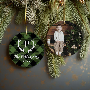 Rustikales Kariert Antler Monogram Custom Foto Keramik Ornament