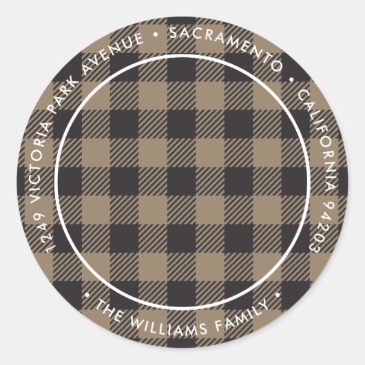 Rustikales Kariertes Foto Weihnachten Rücksendeadr Runder Aufkleber (Vorderseite)