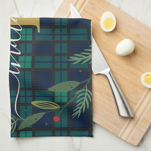 Rustikales Kariertes Monogramm Script Wreath Tarta Geschirrtuch (Viertel Falte)