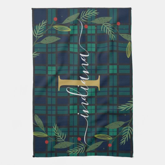 Rustikales Kariertes Monogramm Script Wreath Tarta Geschirrtuch (Vertikal)