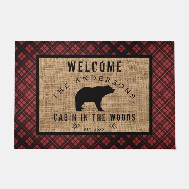 Rustikales Kariertes Muster Bären Begrüßungskabine Fußmatte (Vorderseite)