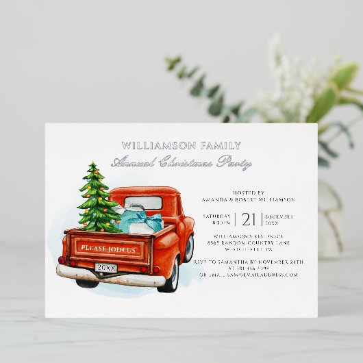 Rustikales Kariertes Red Truck Weihnachtsfest Part Folieneinladung (Stehend vorne)