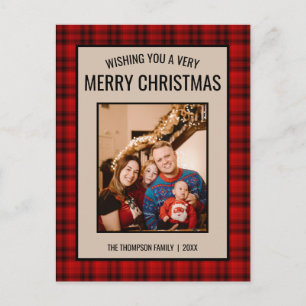 Rustikales Kariertes Rotes Foto Frohe Weihnachten Postkarte