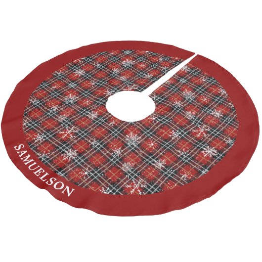 Rustikales Kariertes Schwarzes Schneeflocken Perso Polyester Weihnachtsbaumdecke (Schrägansicht)