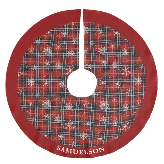 Rustikales Kariertes Schwarzes Schneeflocken Perso Polyester Weihnachtsbaumdecke (Vorderseite)