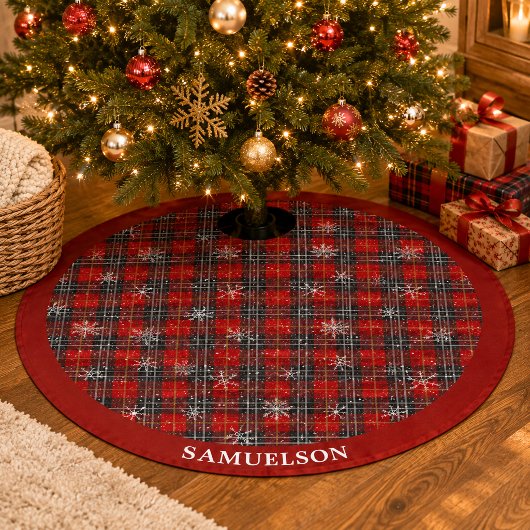Rustikales Kariertes Schwarzes Schneeflocken Perso Polyester Weihnachtsbaumdecke