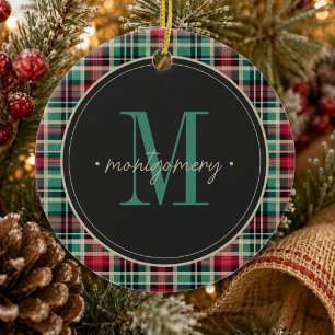 Rustikales Karo-Weihnachten Rot Grün Monogramm Keramik Ornament
