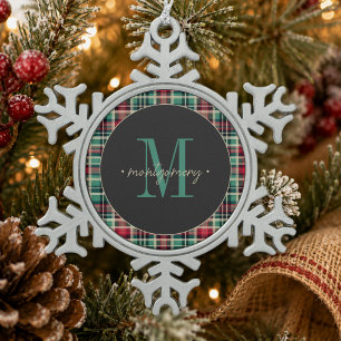 Rustikales Karo-Weihnachten Rot Grün Monogramm Schneeflocken Zinn-Ornament